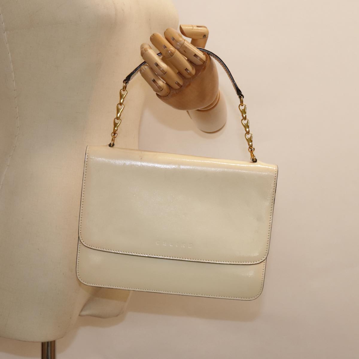 CELINE Hand Bag Patent leather Beige Gold Auth fm3893