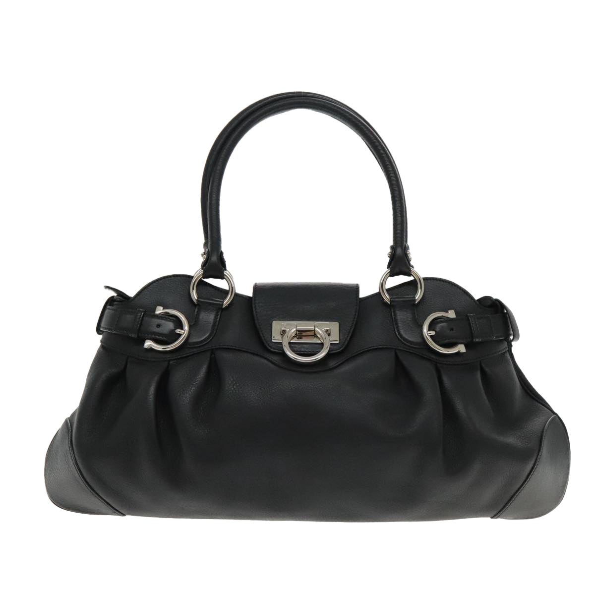 Salvatore Ferragamo Gancini Hand Bag Leather Black Silver Auth fm3914