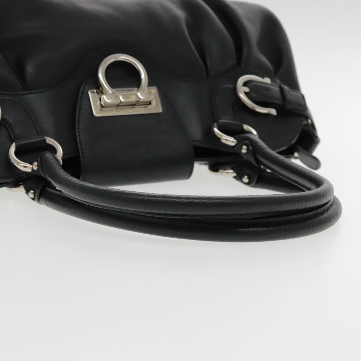 Salvatore Ferragamo Gancini Hand Bag Leather Black Silver Auth fm3914