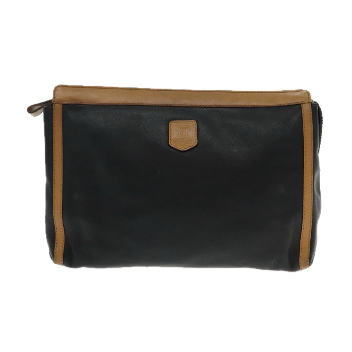 CELINE Clutch Bag Leather Black Brown Gold Auth fm3932