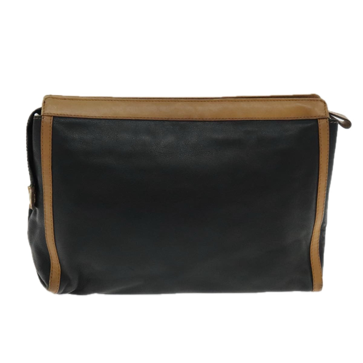 CELINE Clutch Bag Leather Black Brown Gold Auth fm3932