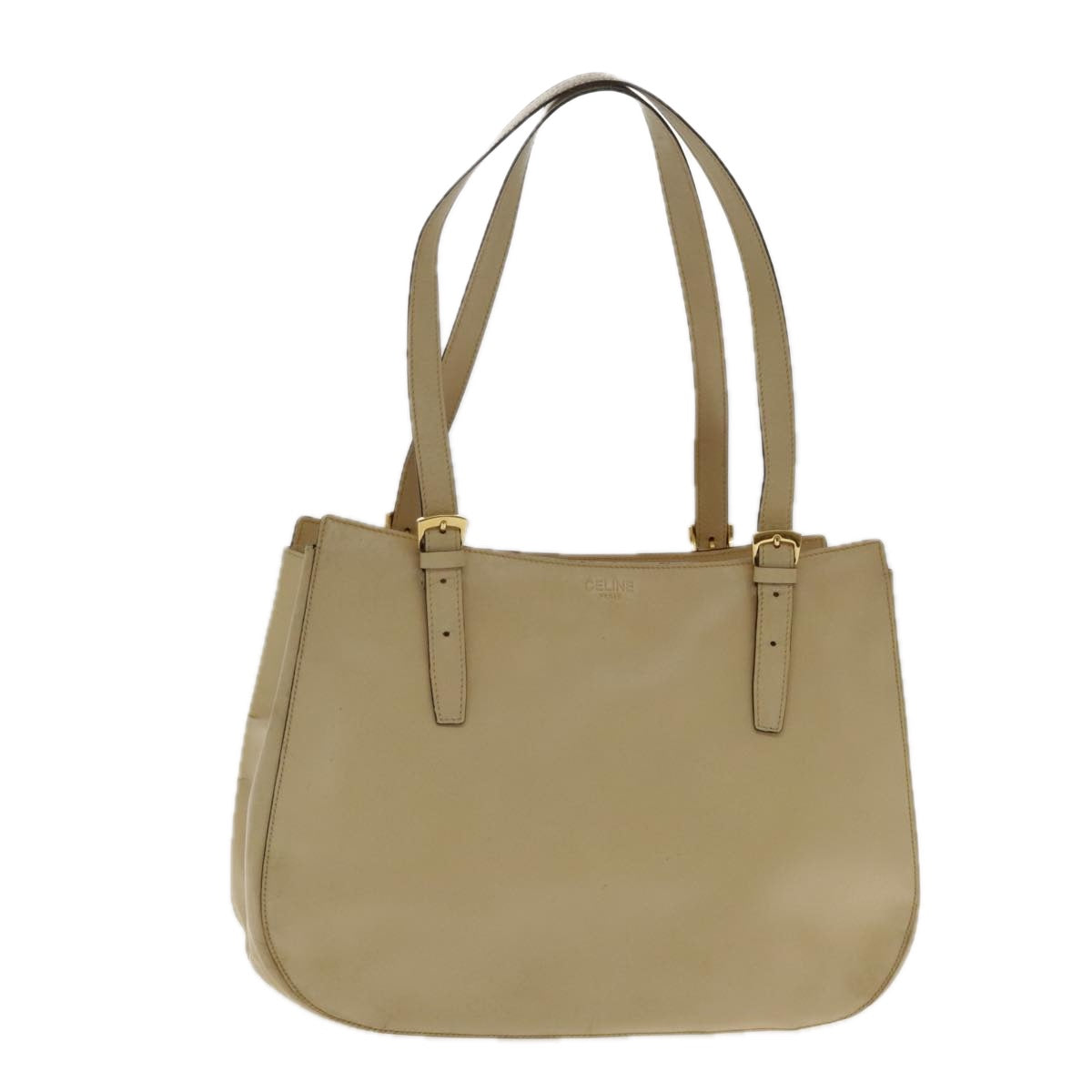 CELINE Tote Bag Leather Beige Gold Auth fm3933