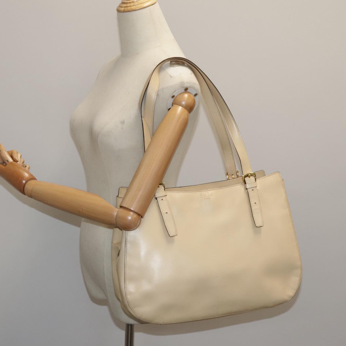 CELINE Tote Bag Leather Beige Gold Auth fm3933