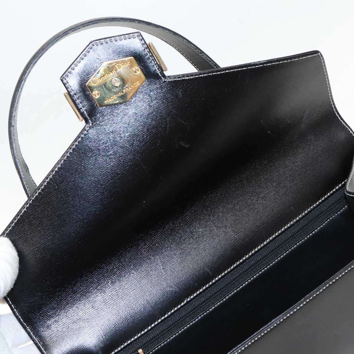 Christian Dior Hand Bag Leather Black Gold Auth fm3940
