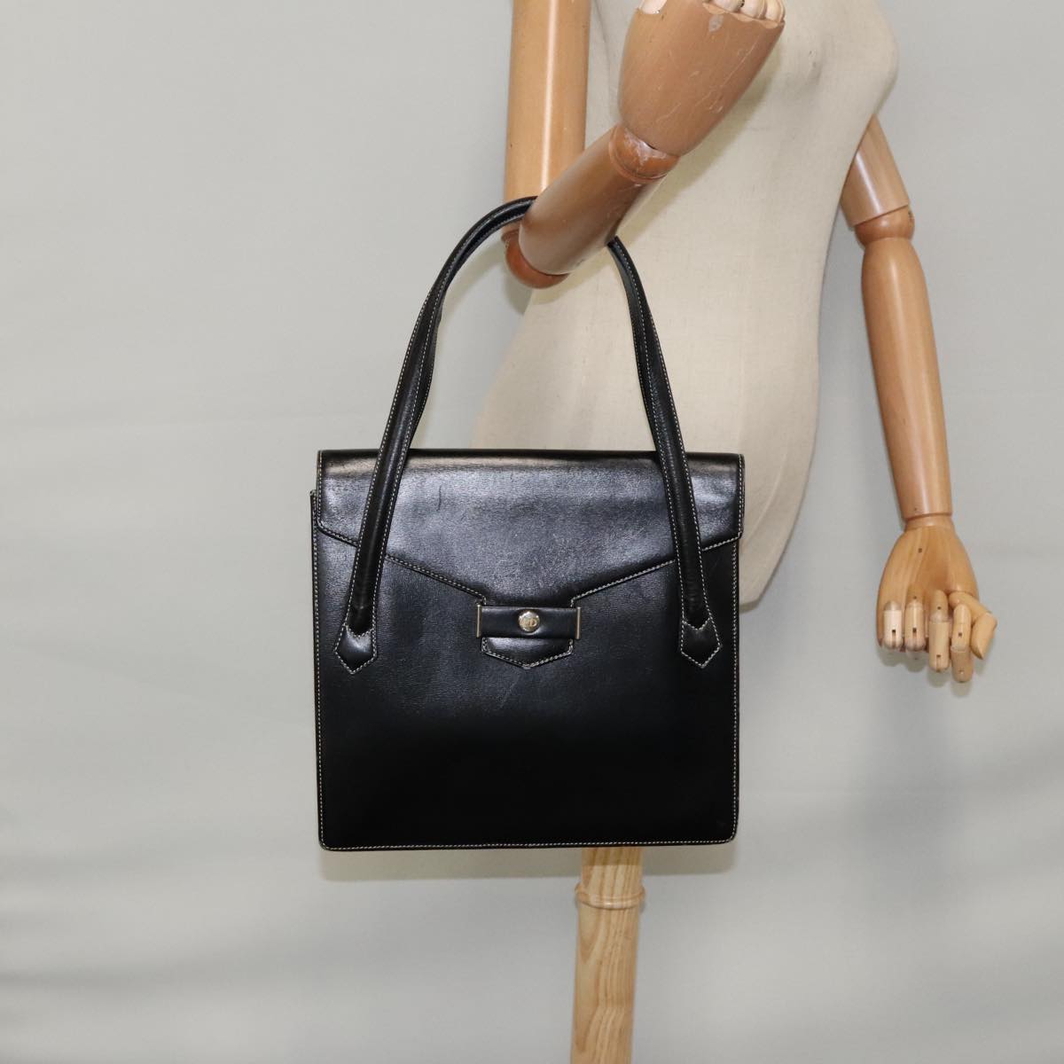 Christian Dior Hand Bag Leather Black Gold Auth fm3940