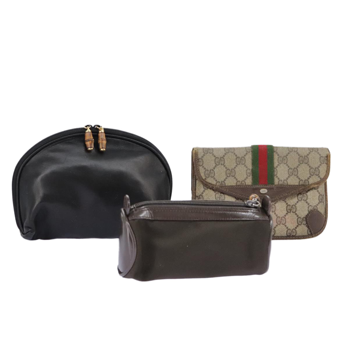 GUCCI GG Canvas Bamboo Pouch PVC Leather 3Set Beige Khaki black Auth fm3975