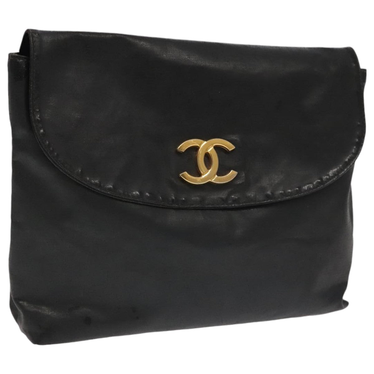 CHANEL COCO Mark Pouch Patent Leather Black Gold CC Auth fm3990