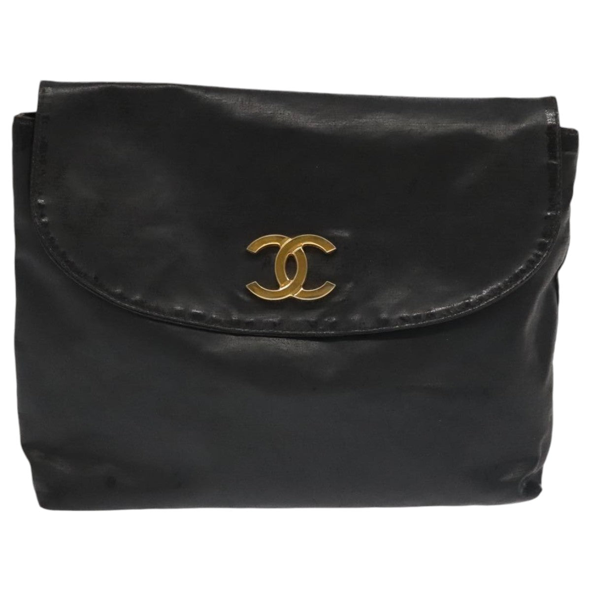 CHANEL COCO Mark Pouch Patent Leather Black Gold CC Auth fm3990