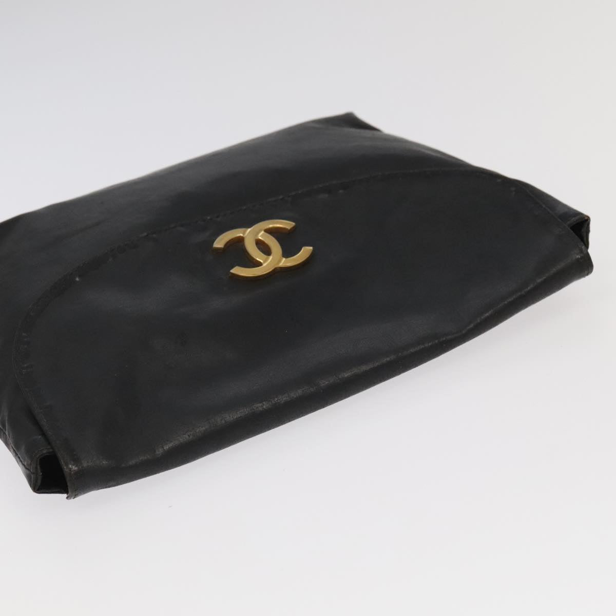 CHANEL COCO Mark Pouch Patent Leather Black Gold CC Auth fm3990