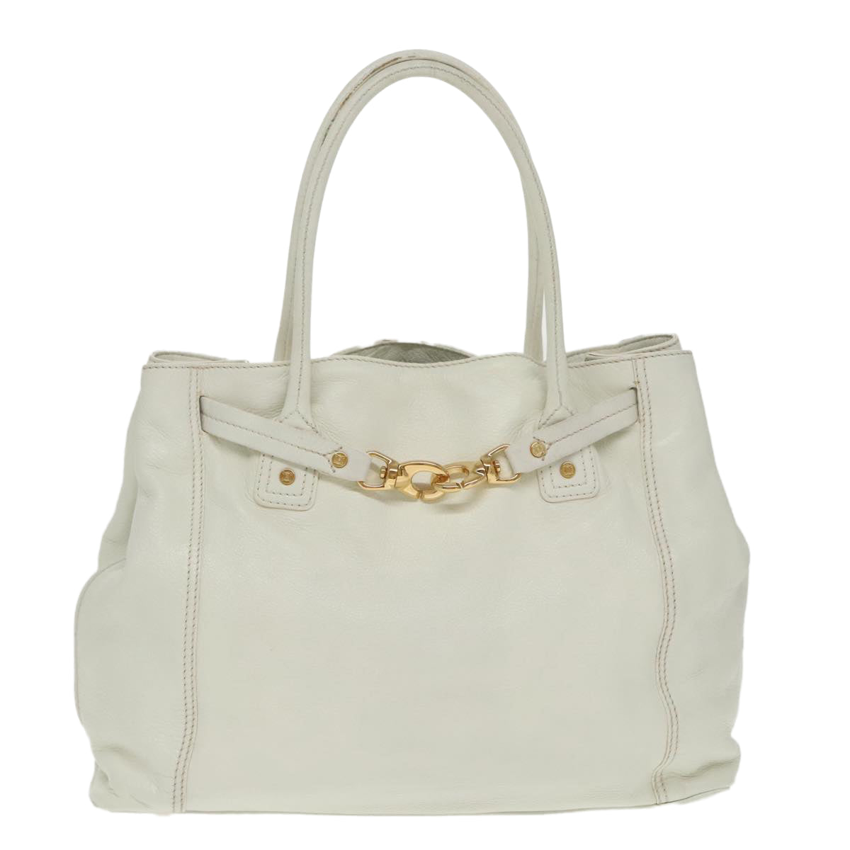 CELINE Tote Bag Leather White Gold Auth fm4074