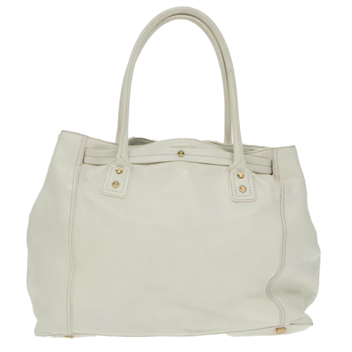 CELINE Tote Bag Leather White Gold Auth fm4074