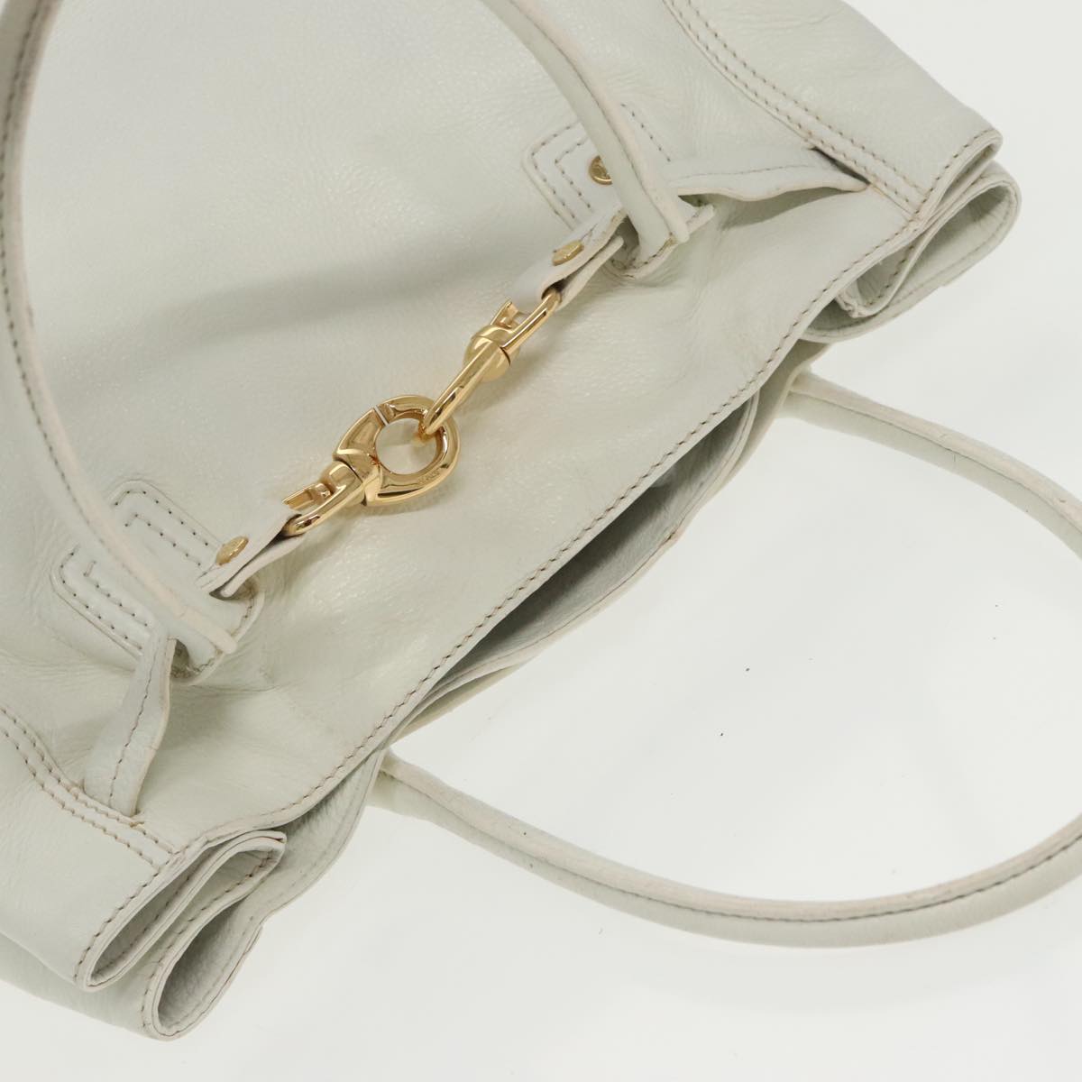 CELINE Tote Bag Leather White Gold Auth fm4074