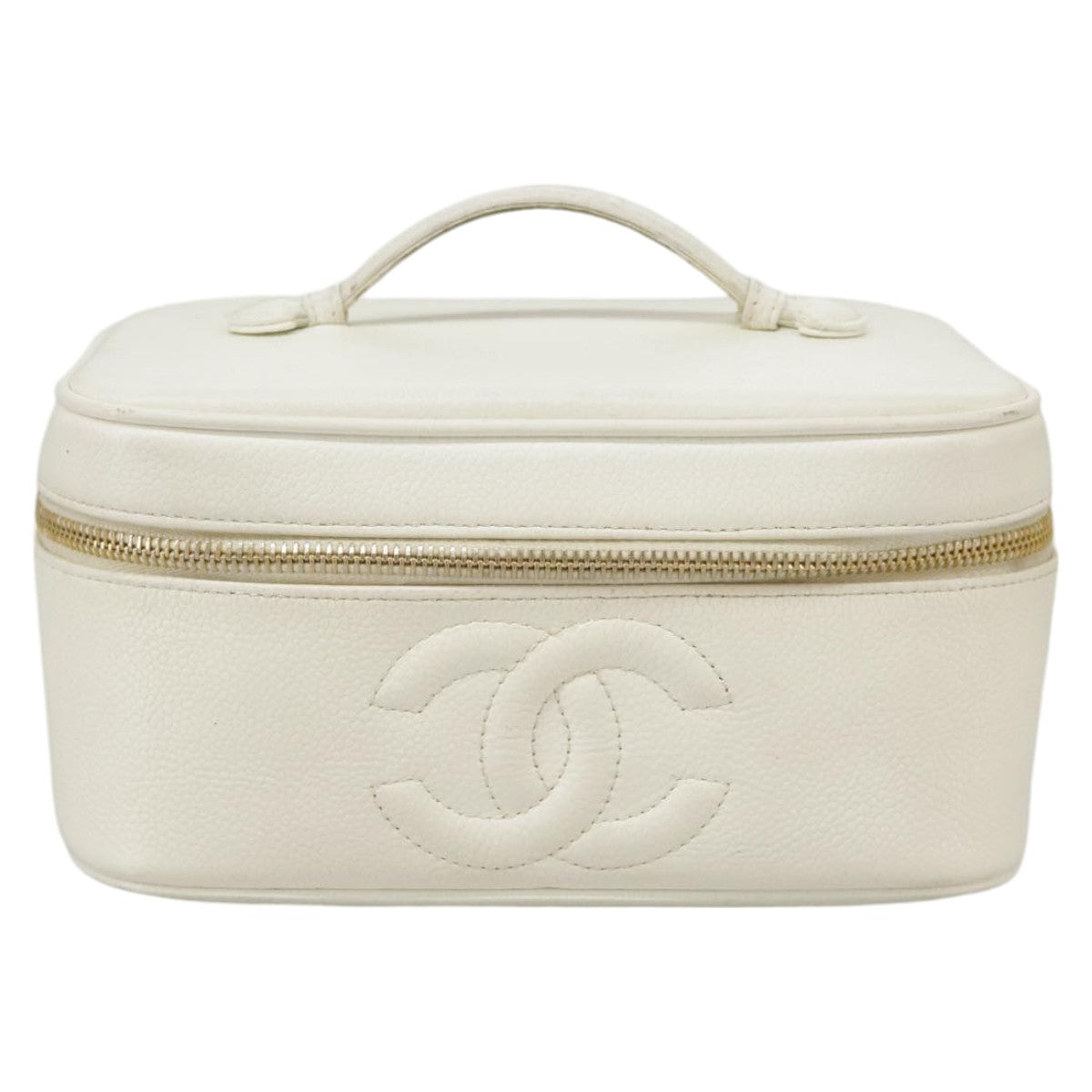 CHANEL COCO Mark vanity Pouch Caviar Skin White Gold CC Auth fm4164