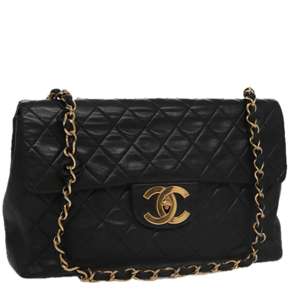 CHANEL Big Matelasse Chain Shoulder Bag Lamb Skin Black Gold CC Auth fm4193