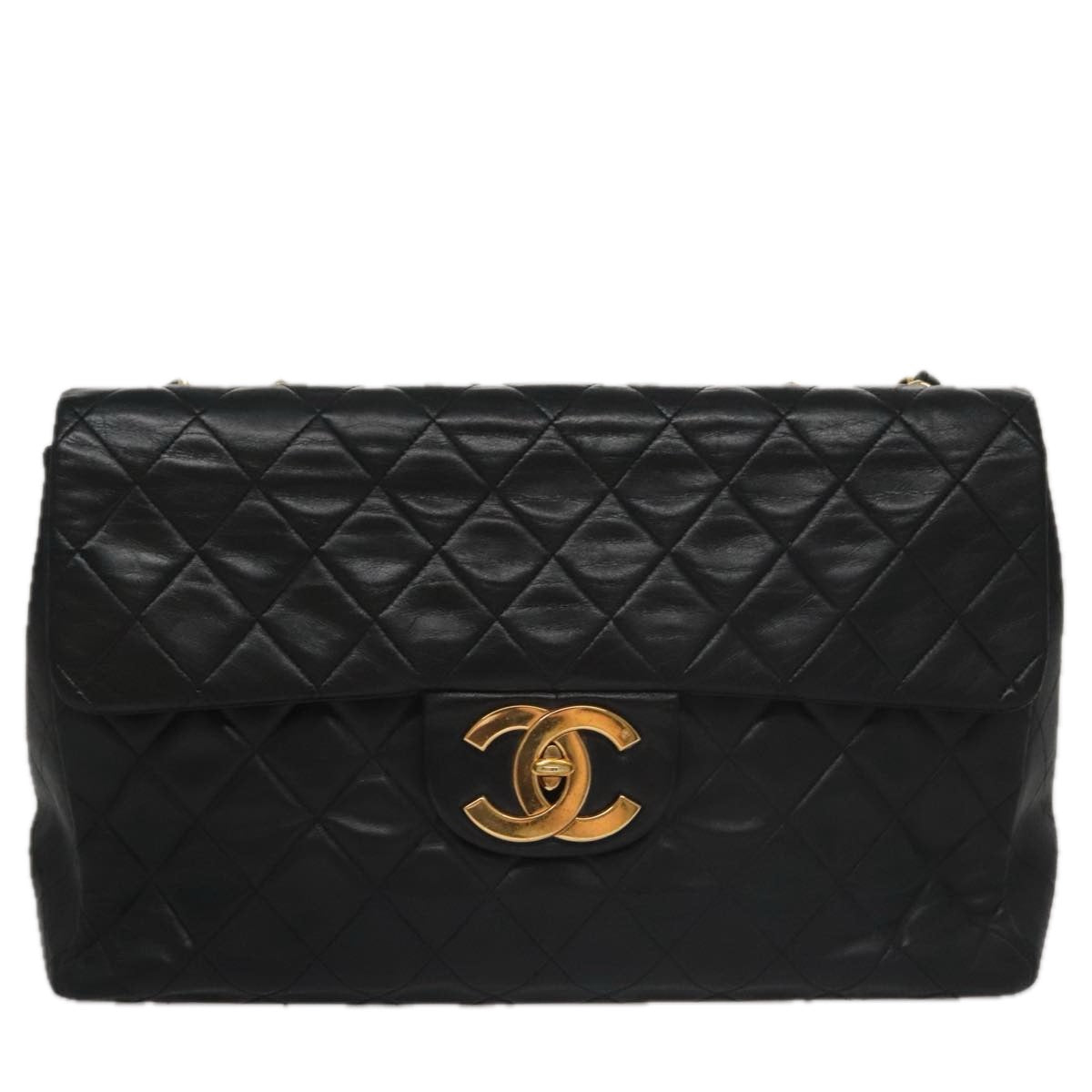 CHANEL Big Matelasse Chain Shoulder Bag Lamb Skin Black Gold CC Auth fm4193