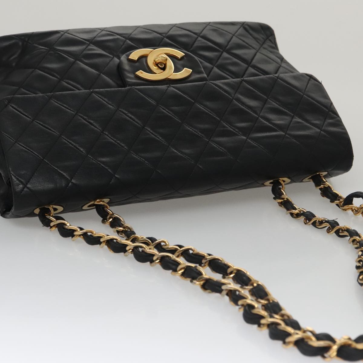 CHANEL Big Matelasse Chain Shoulder Bag Lamb Skin Black Gold CC Auth fm4193