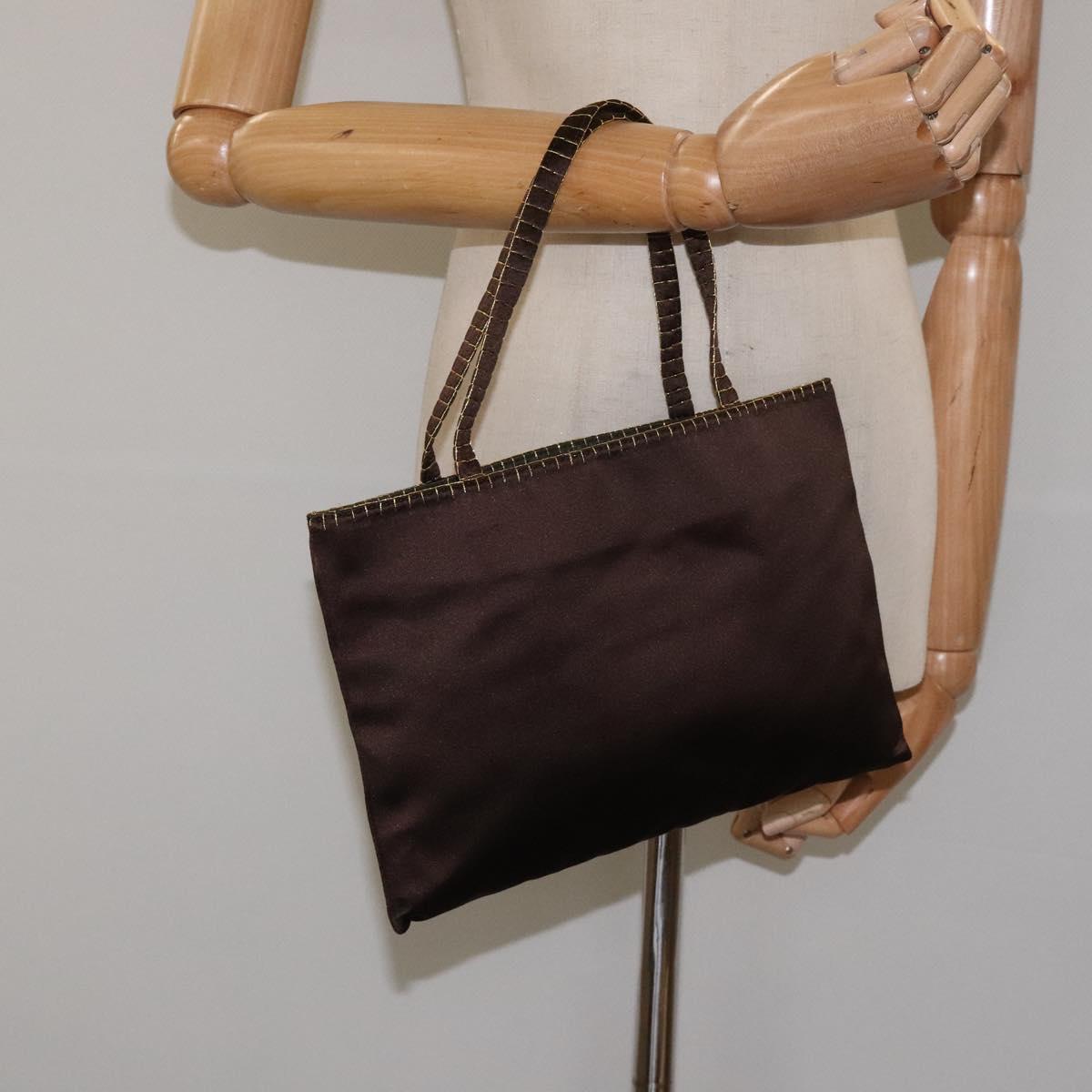PRADA Hand Bag Satin Dark Brown Gold Auth fm4379V