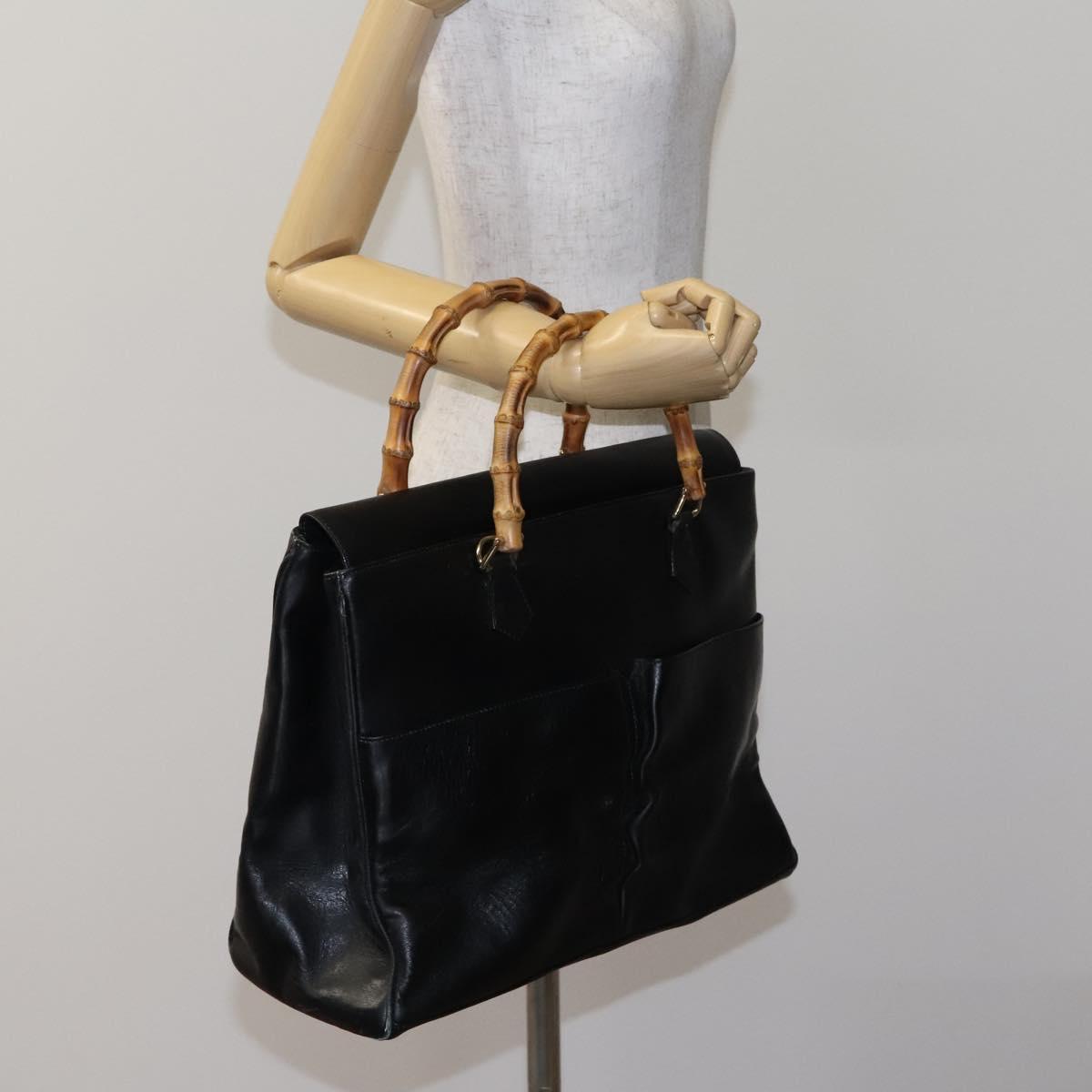 GUCCI Bamboo Hand Bag Leather Black Gold 002 2855 0322 0 Auth fm4384