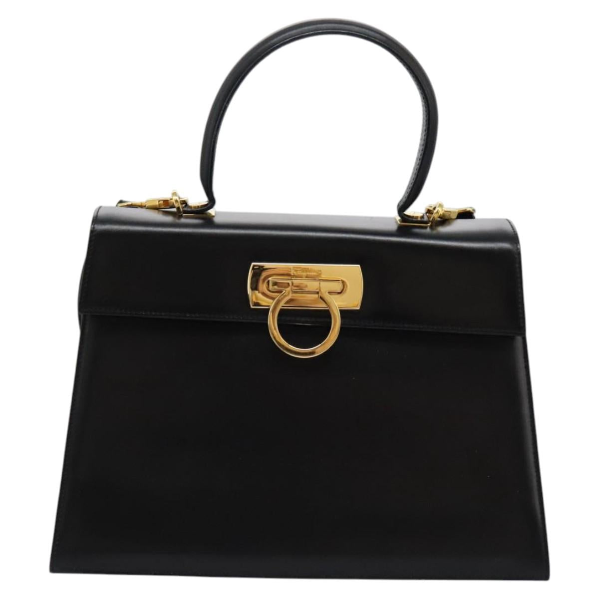 Salvatore Ferragamo Gancini Hand Bag Leather 2way Black Gold Auth fm4391