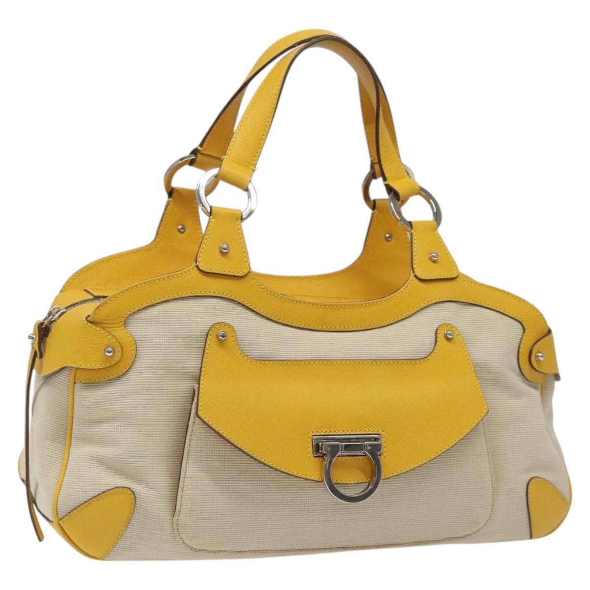 Salvatore Ferragamo Gancini Hand Bag Canvas Yellow Silver Auth fm4395