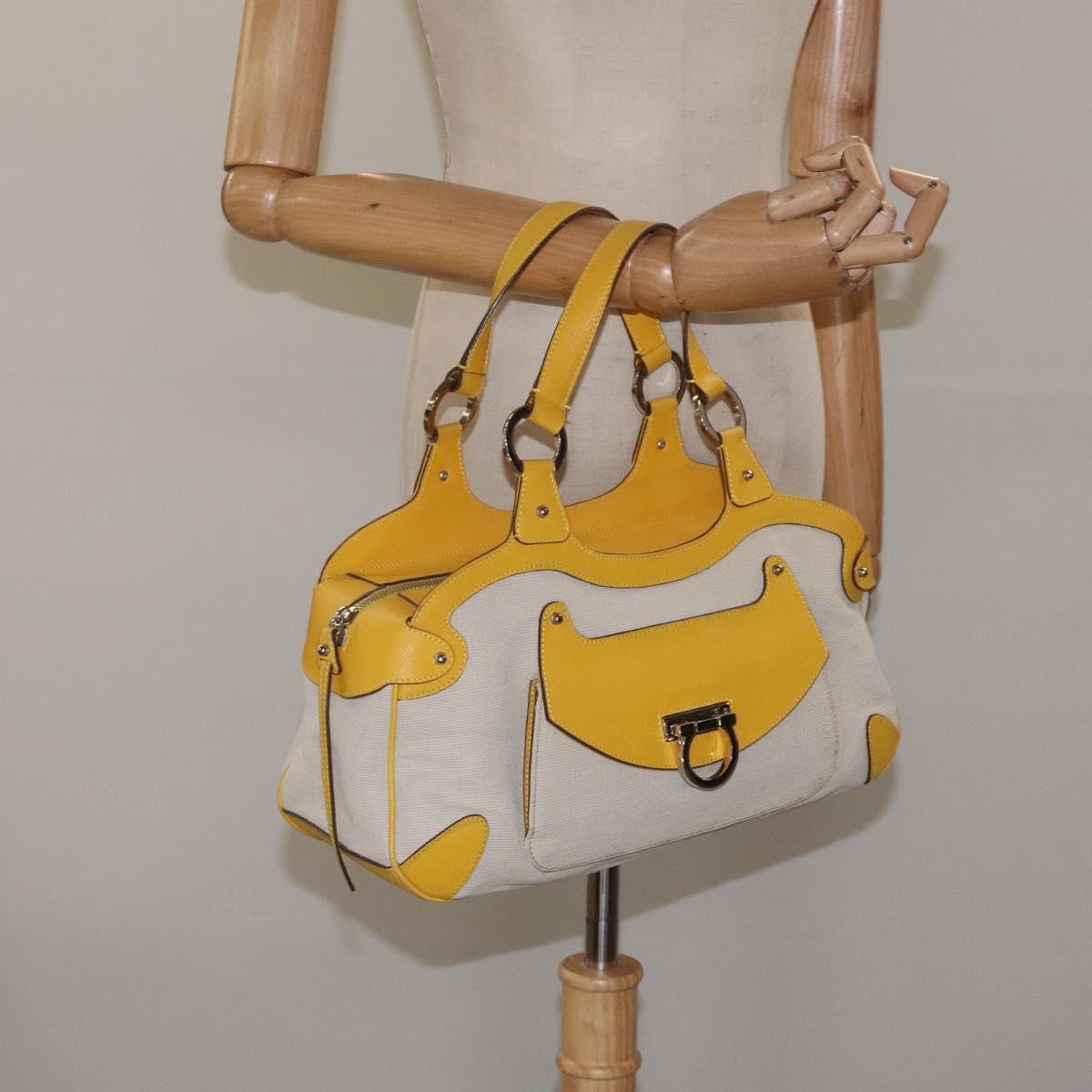 Salvatore Ferragamo Gancini Hand Bag Canvas Yellow Silver Auth fm4395