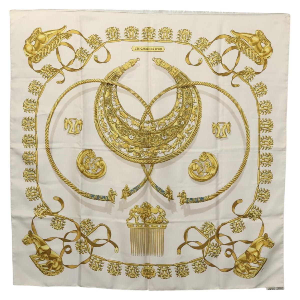 HERMES Carre 90 Scarf ""LES CAVALIERS D'OR"" Silk White Auth fm4509