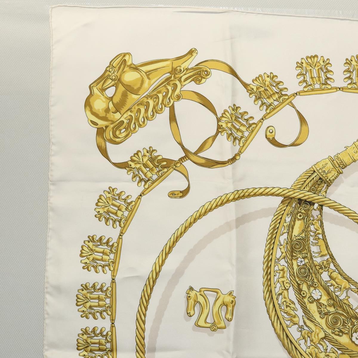 HERMES Carre 90 Scarf ""LES CAVALIERS D'OR"" Silk White Auth fm4509