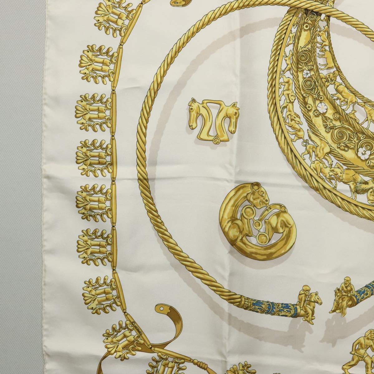 HERMES Carre 90 Scarf ""LES CAVALIERS D'OR"" Silk White Auth fm4509