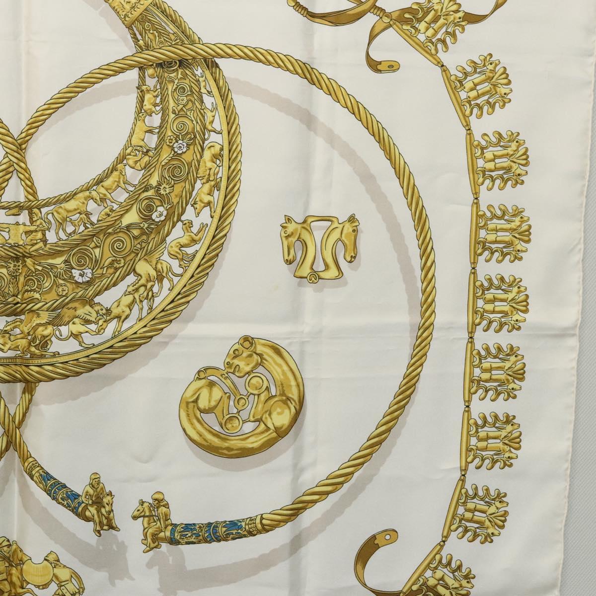 HERMES Carre 90 Scarf ""LES CAVALIERS D'OR"" Silk White Auth fm4509