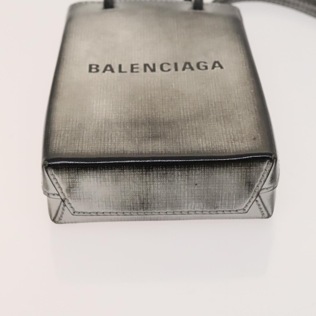 BALENCIAGA Shopping Phone Holder Shoulder Bag Leather Silver Auth fm4541
