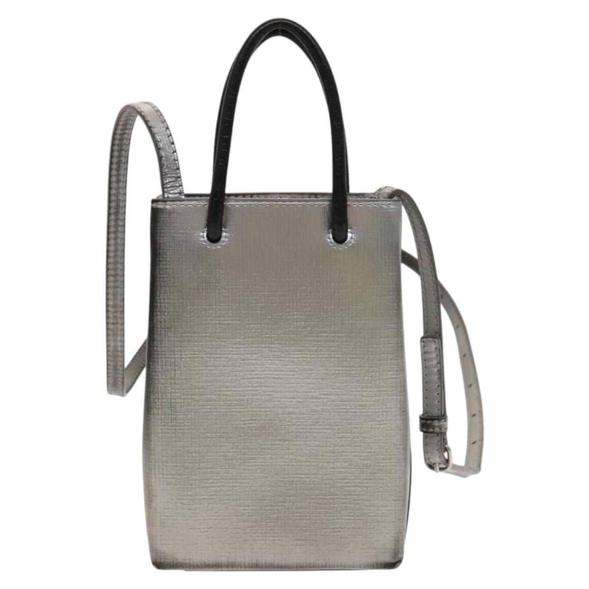 BALENCIAGA Shopping Phone Holder Shoulder Bag Leather Silver Auth fm4541