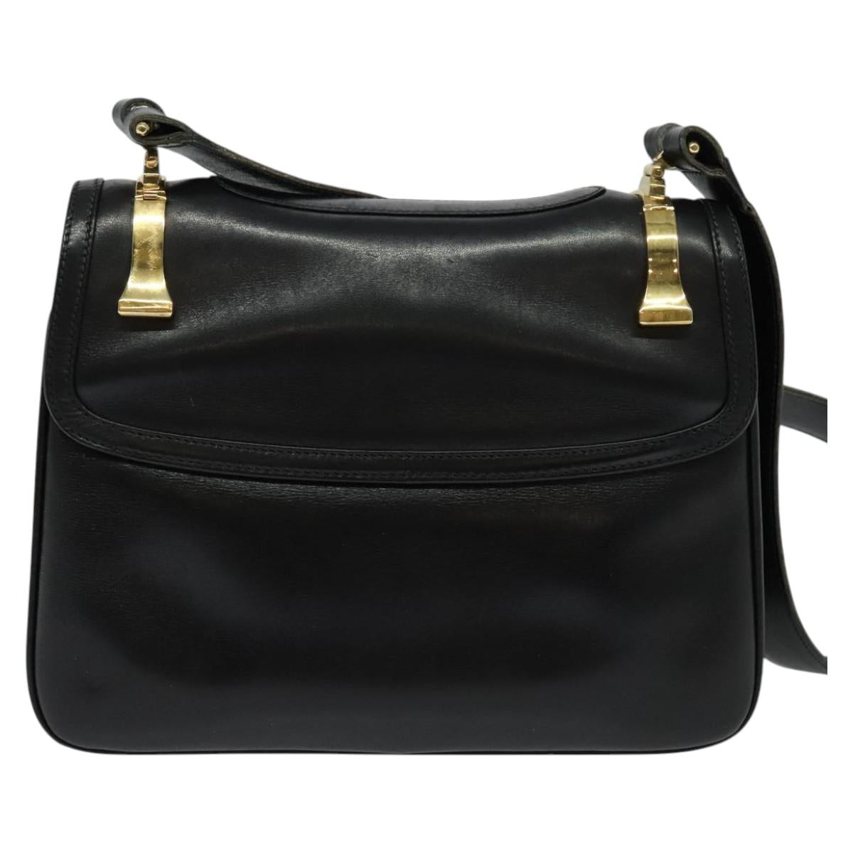 GUCCI Shoulder Bag Leather Black Gold Auth fm4548
