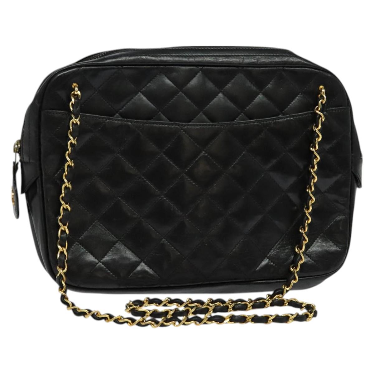 CHANEL Matelasse Chain Shoulder Bag Lamb Skin Black Gold CC Auth fm4668