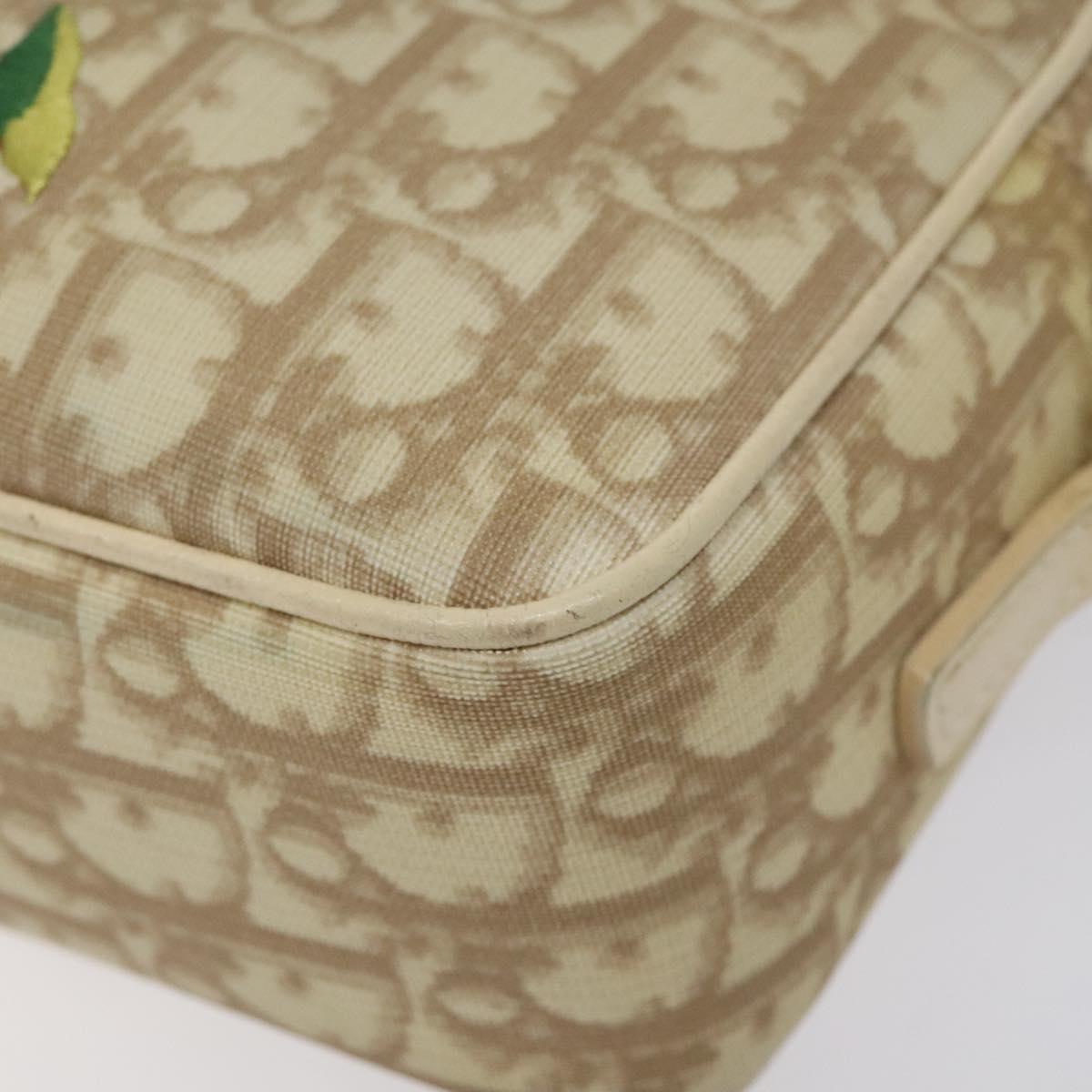 Christian Dior Trotter Canvas Flower Shoulder Bag Beige Silver Auth fm4695