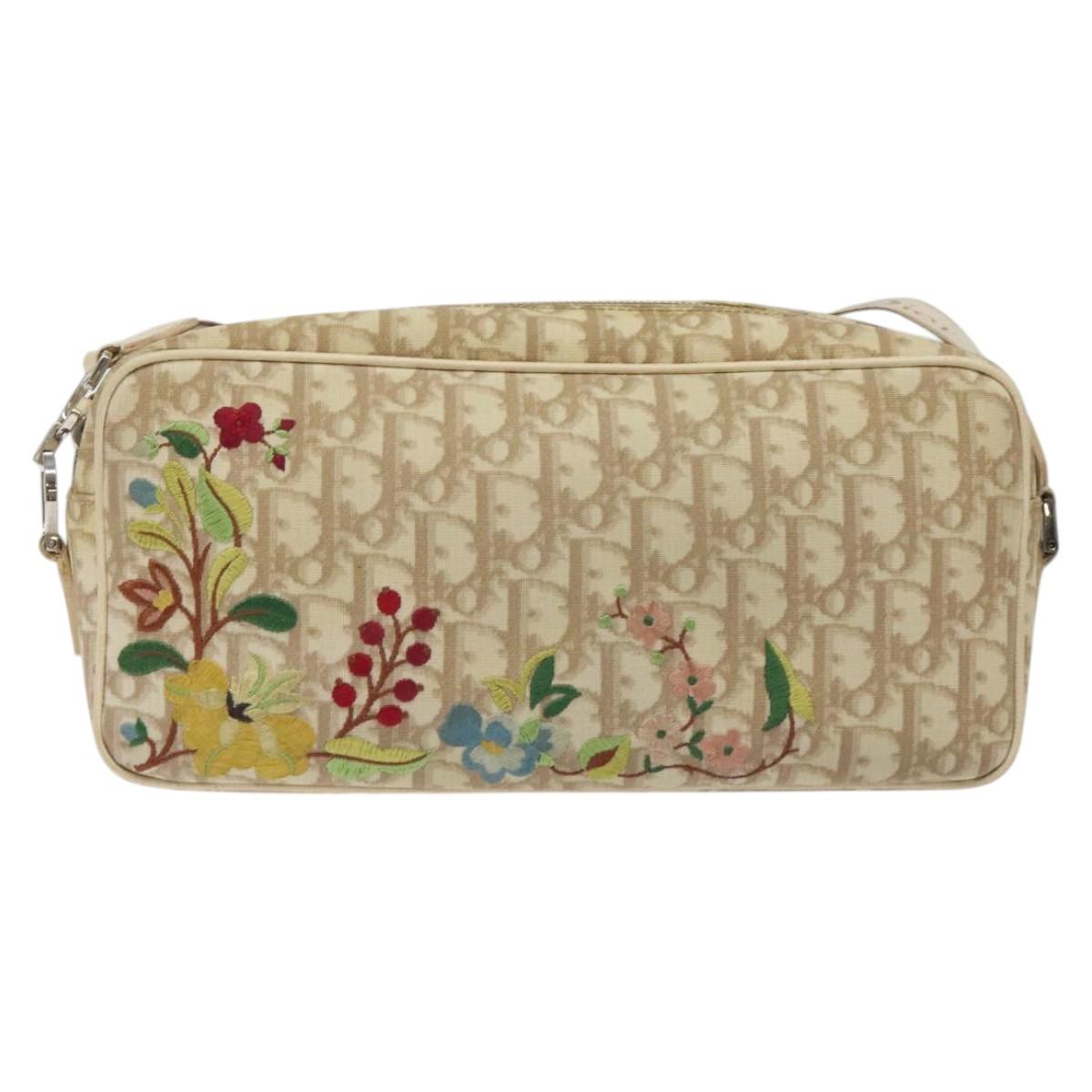 Christian Dior Trotter Canvas Flower Shoulder Bag Beige Silver Auth fm4695