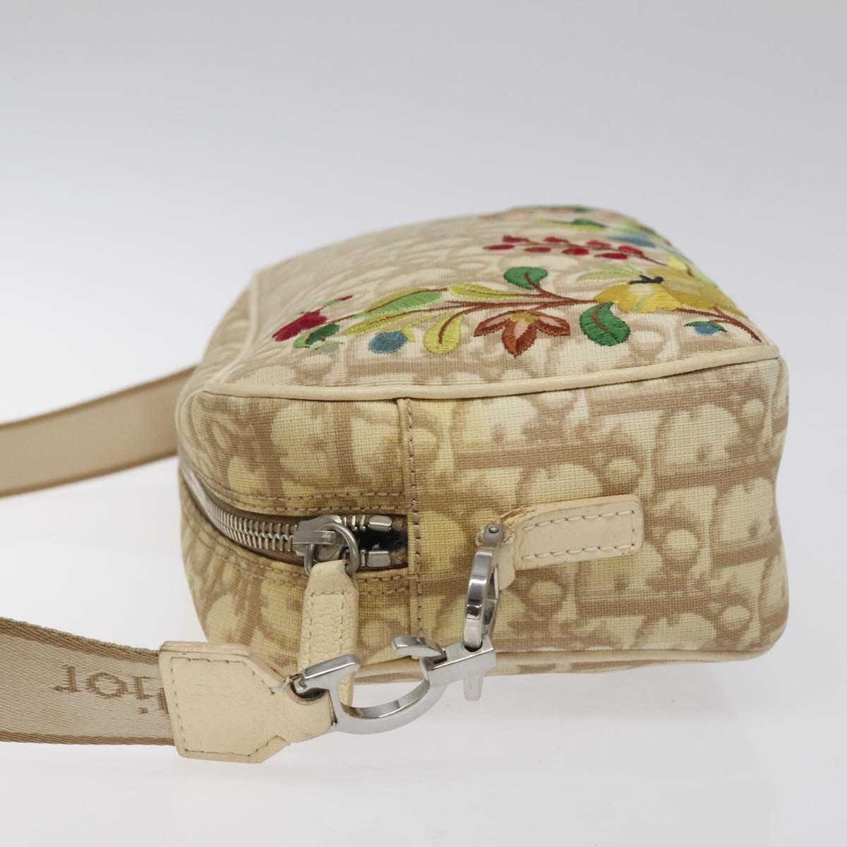 Christian Dior Trotter Canvas Flower Shoulder Bag Beige Silver Auth fm4695