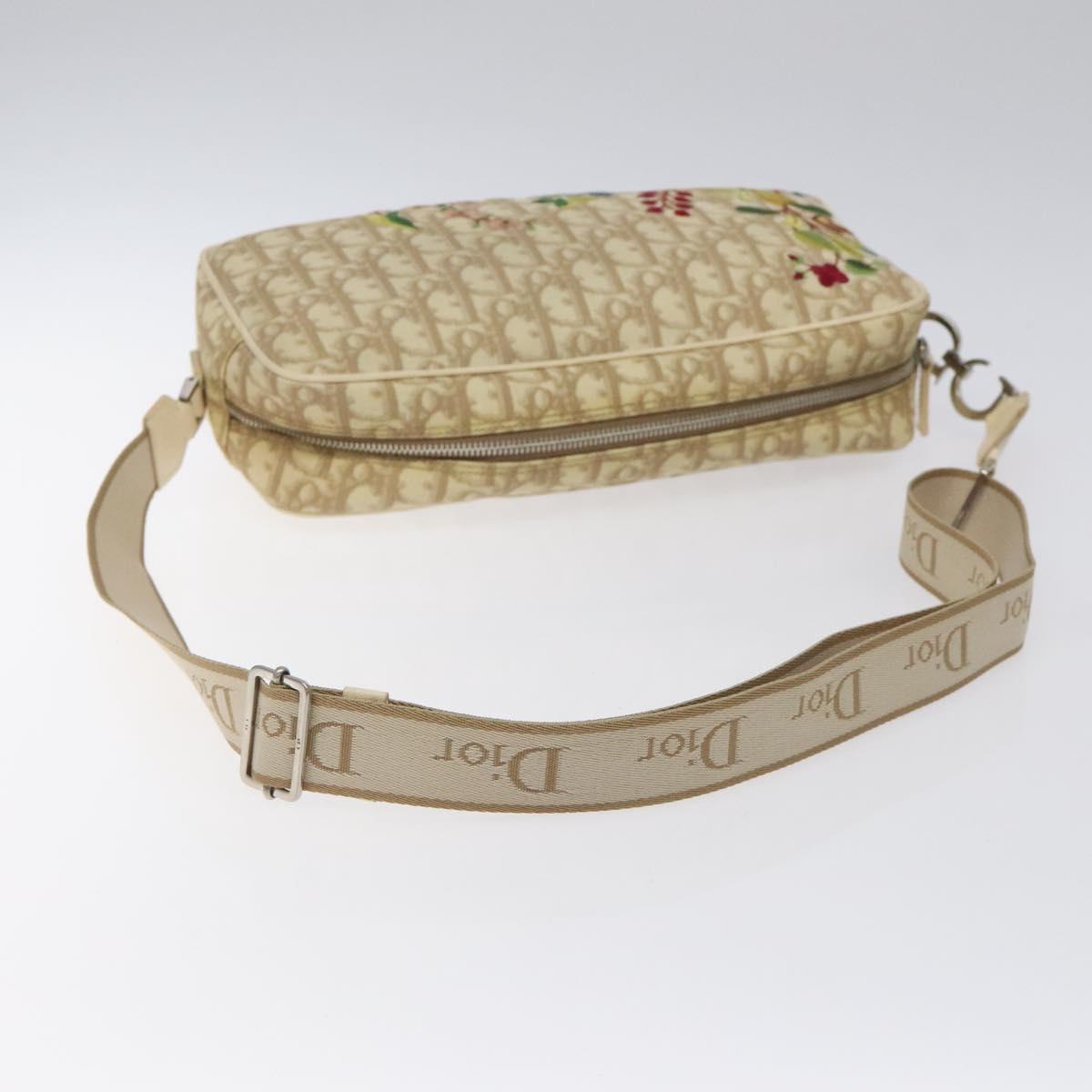 Christian Dior Trotter Canvas Flower Shoulder Bag Beige Silver Auth fm4695