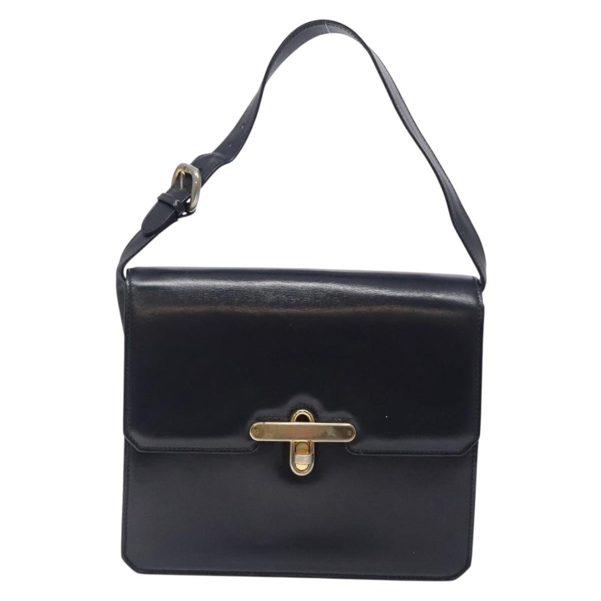 GUCCI Shoulder Bag Leather Navy Gold Auth fm4794