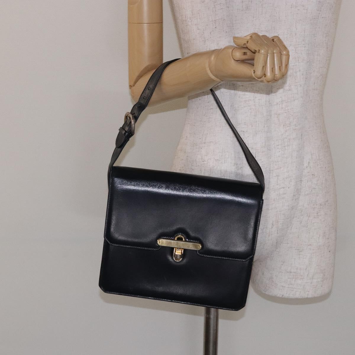 GUCCI Shoulder Bag Leather Navy Gold Auth fm4794
