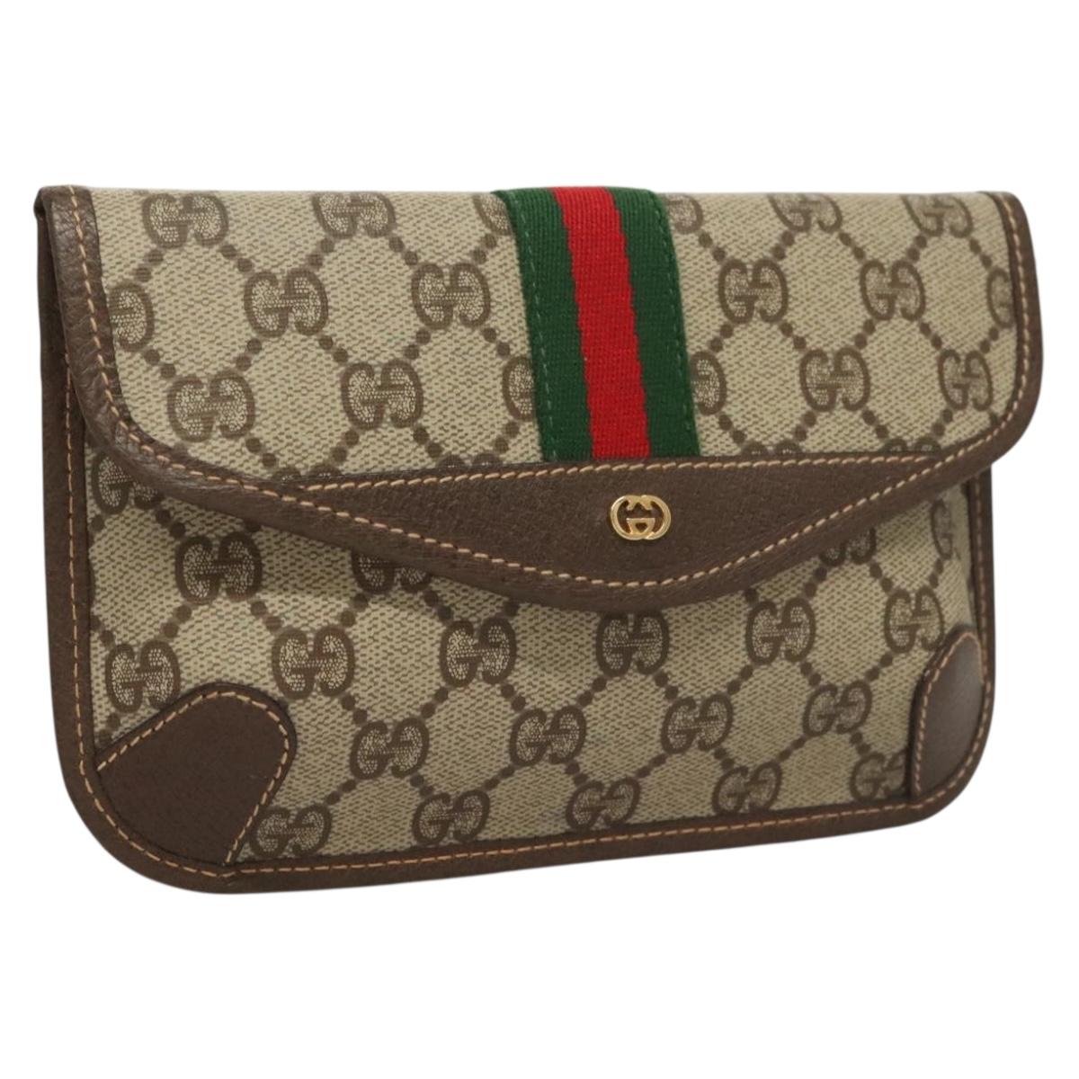 GUCCI GG Supreme Web Sherry Line Pouch PVC Beige Gold 014 14 5205 Auth fm4809