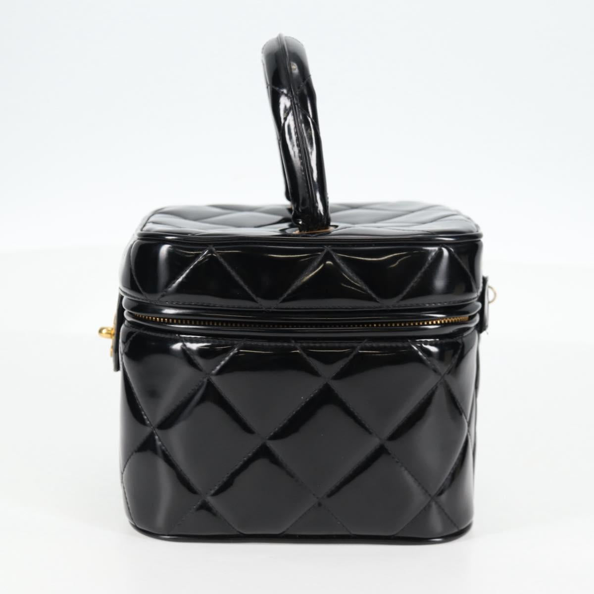 CHANEL Matelasse Vanity Hand Bag Patent leather Black Gold CC Auth fm4820V