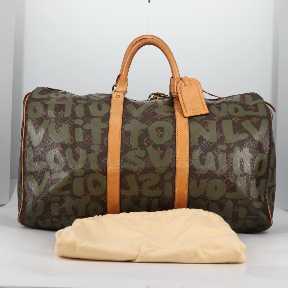 LOUIS VUITTON Monogram Graffiti Keepall 50 Boston Bag Khaki M92196 Auth fm4841V