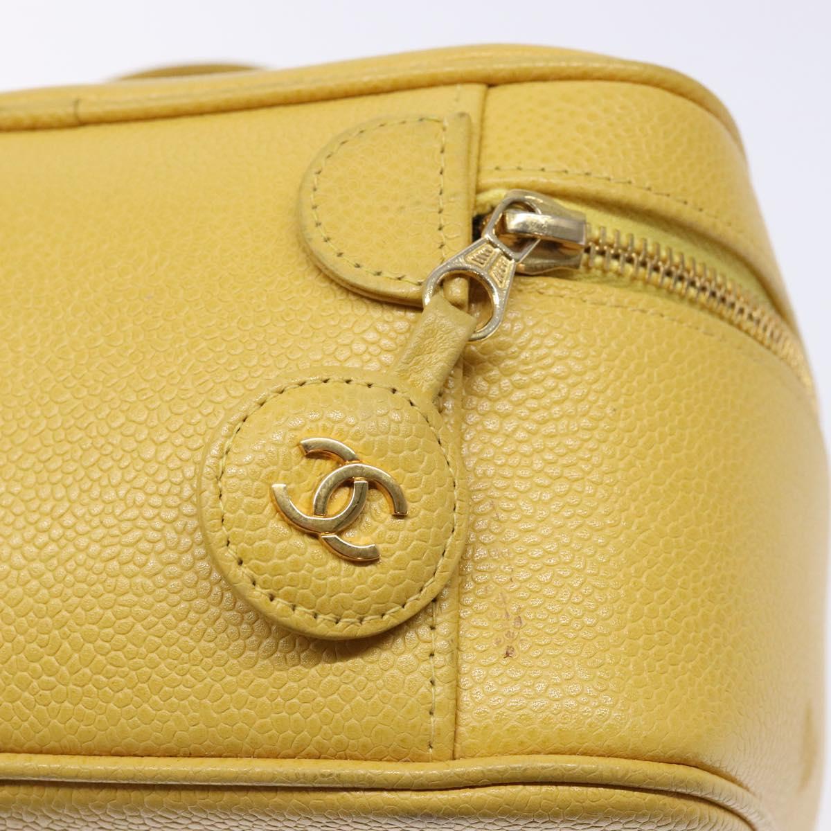 CHANEL COCO Mark Vanity Pouch Caviar Skin Yellow Gold CC Auth fm4842