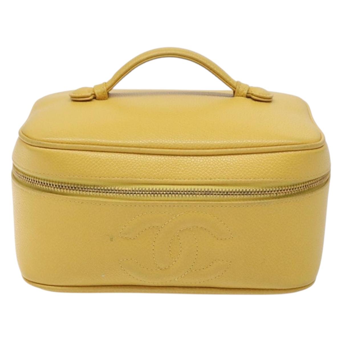 CHANEL COCO Mark Vanity Pouch Caviar Skin Yellow Gold CC Auth fm4842