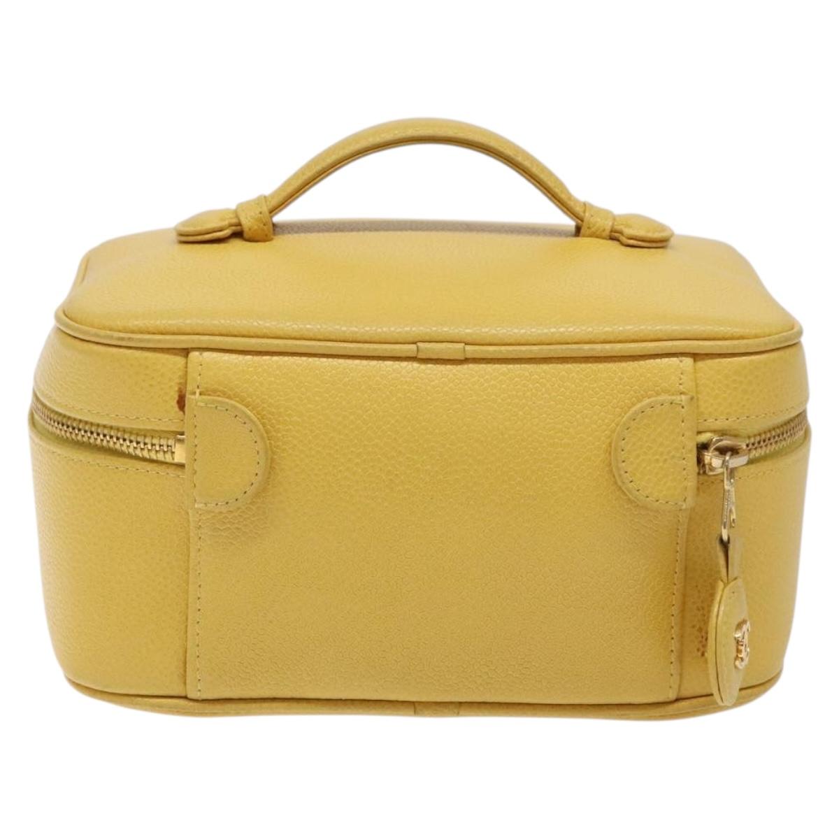 CHANEL COCO Mark Vanity Pouch Caviar Skin Yellow Gold CC Auth fm4842