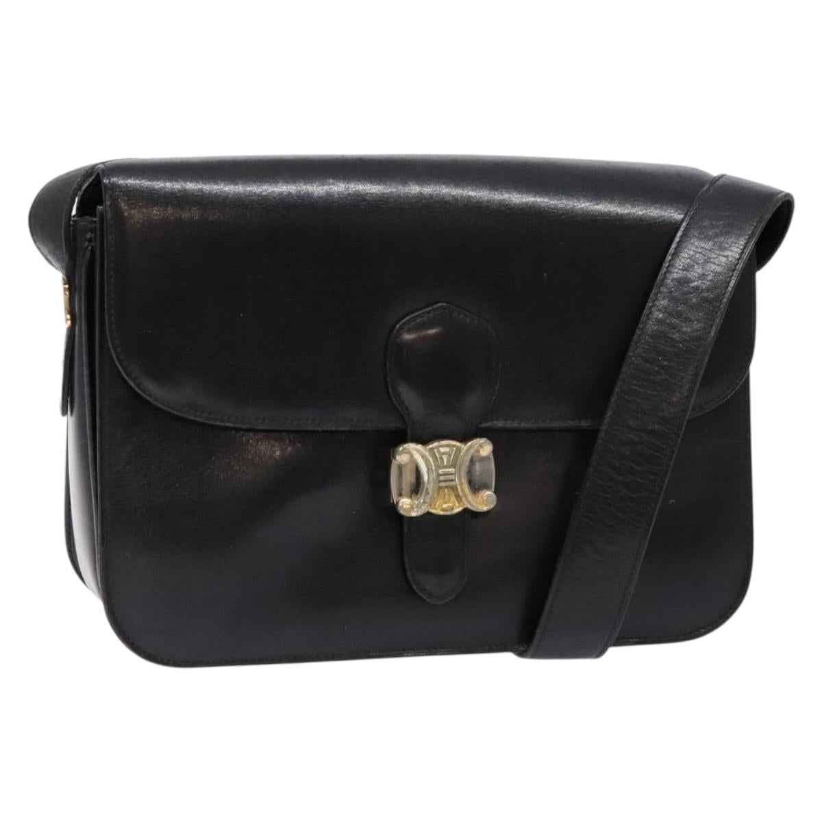 CELINE Shoulder Bag Leather Black Gold Auth fm4846