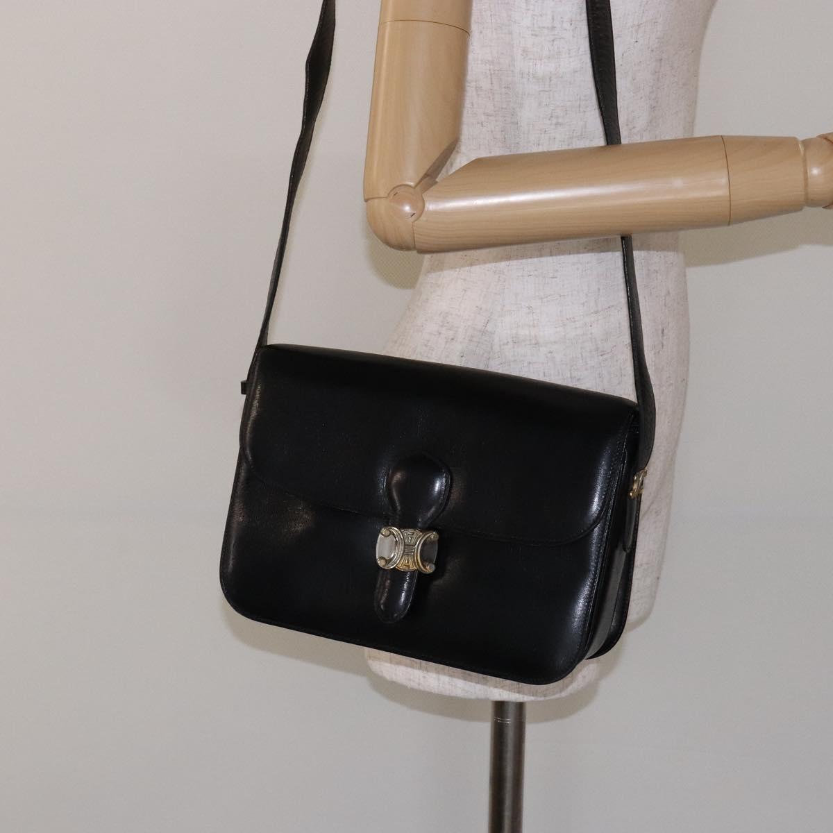 CELINE Shoulder Bag Leather Black Gold Auth fm4846