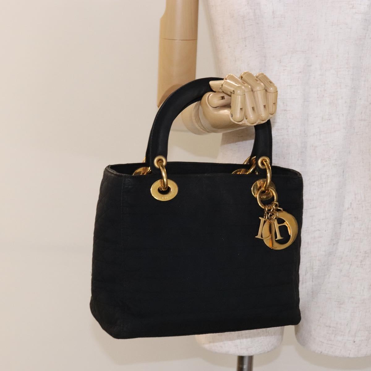 Christian Dior Canage Hand Bag Nylon Black Gold Auth fm4847