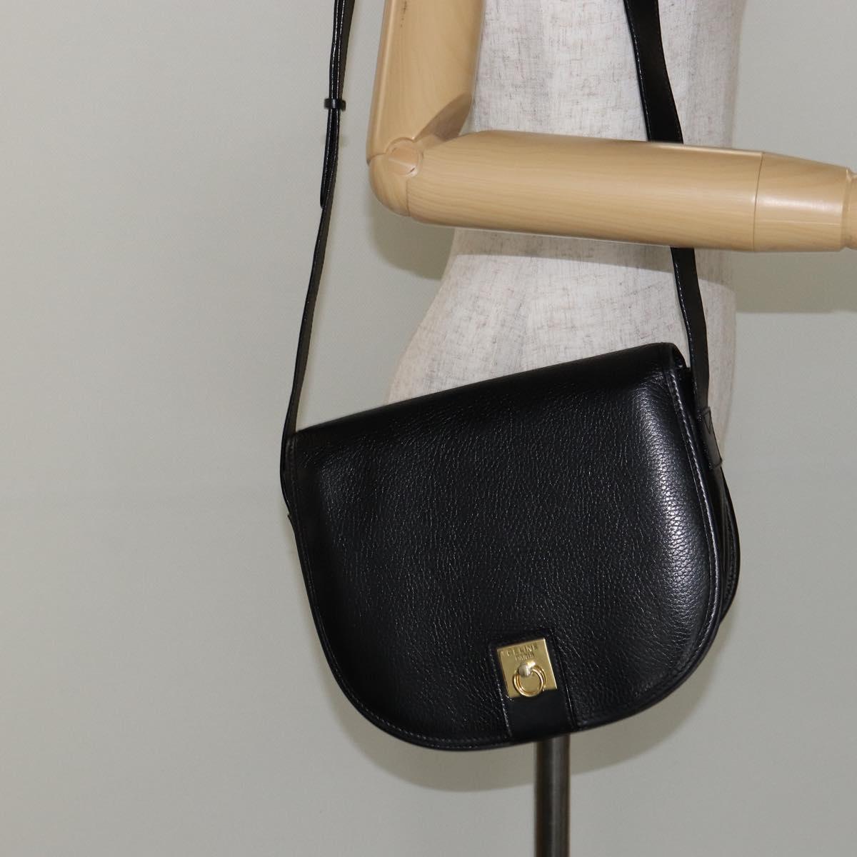 CELINE Shoulder Bag Leather Black Gold Auth fm4869
