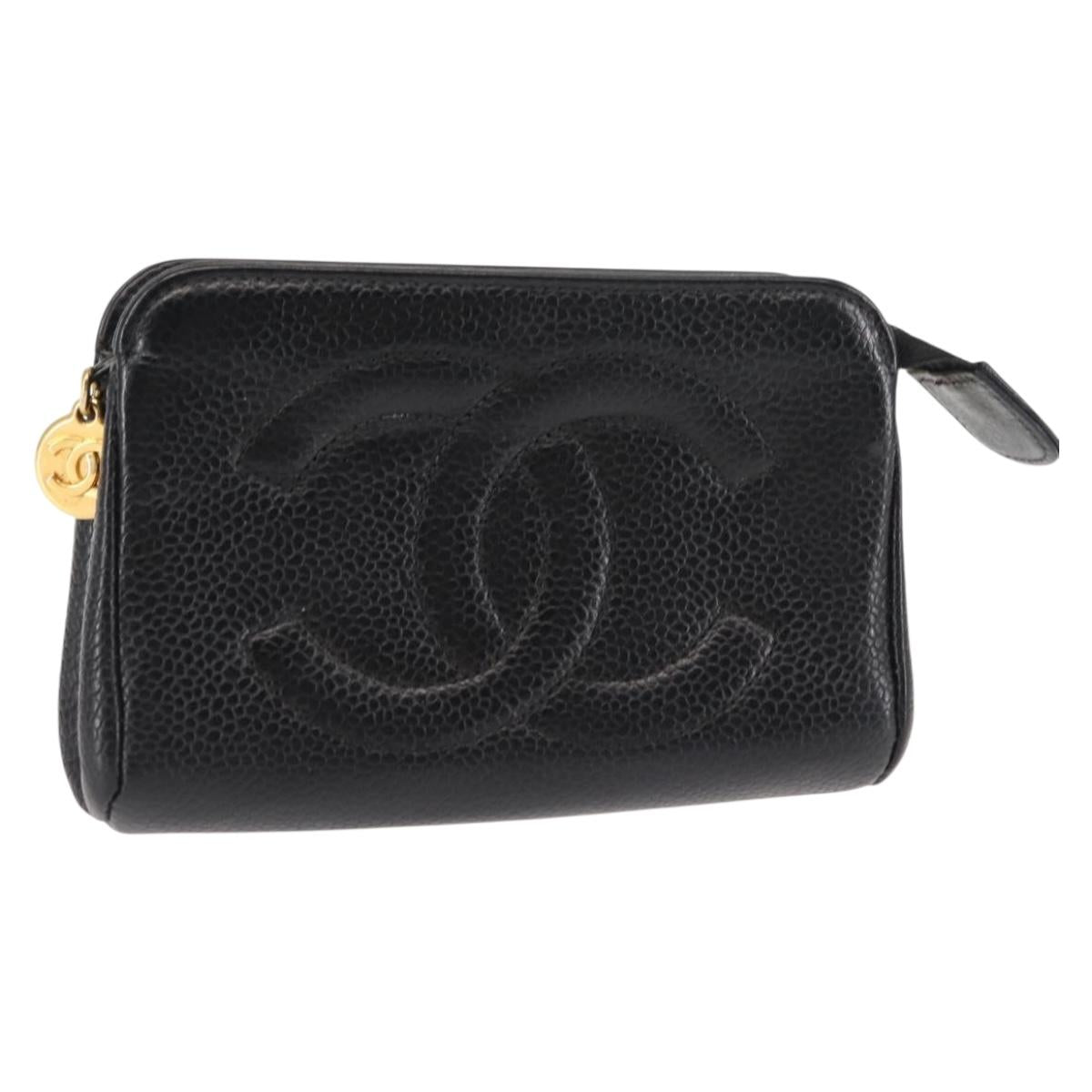 CHANEL COCO Mark Coin Purse Caviar Skin Black Gold CC Auth fm4870